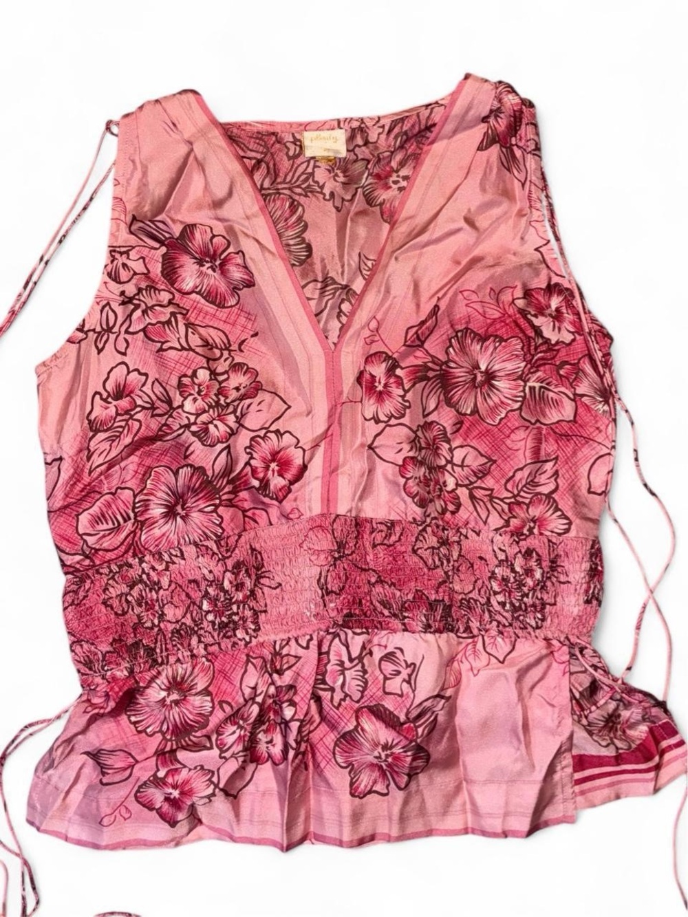 Plenty Pink Floral Silky Boho Fairy Tank Top Y2K Cottagecore Tie Side Blouse
